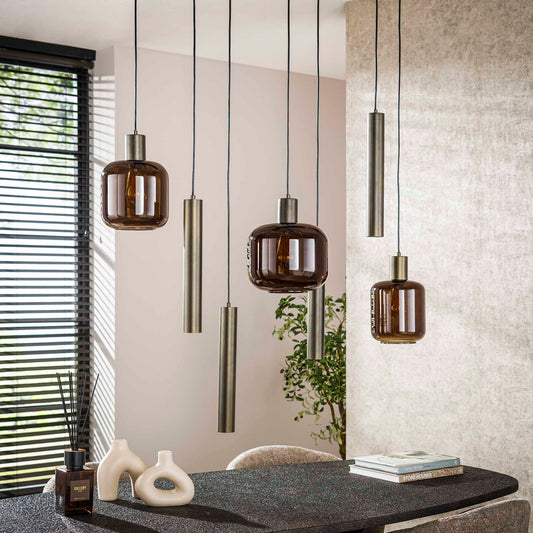 Hängelampe Bronza 4+3F von lefurn.de mit goldfarbenen Metalllampen und dekorativen Glaskugeln, moderne Beleuchtung für Wohnzimmer