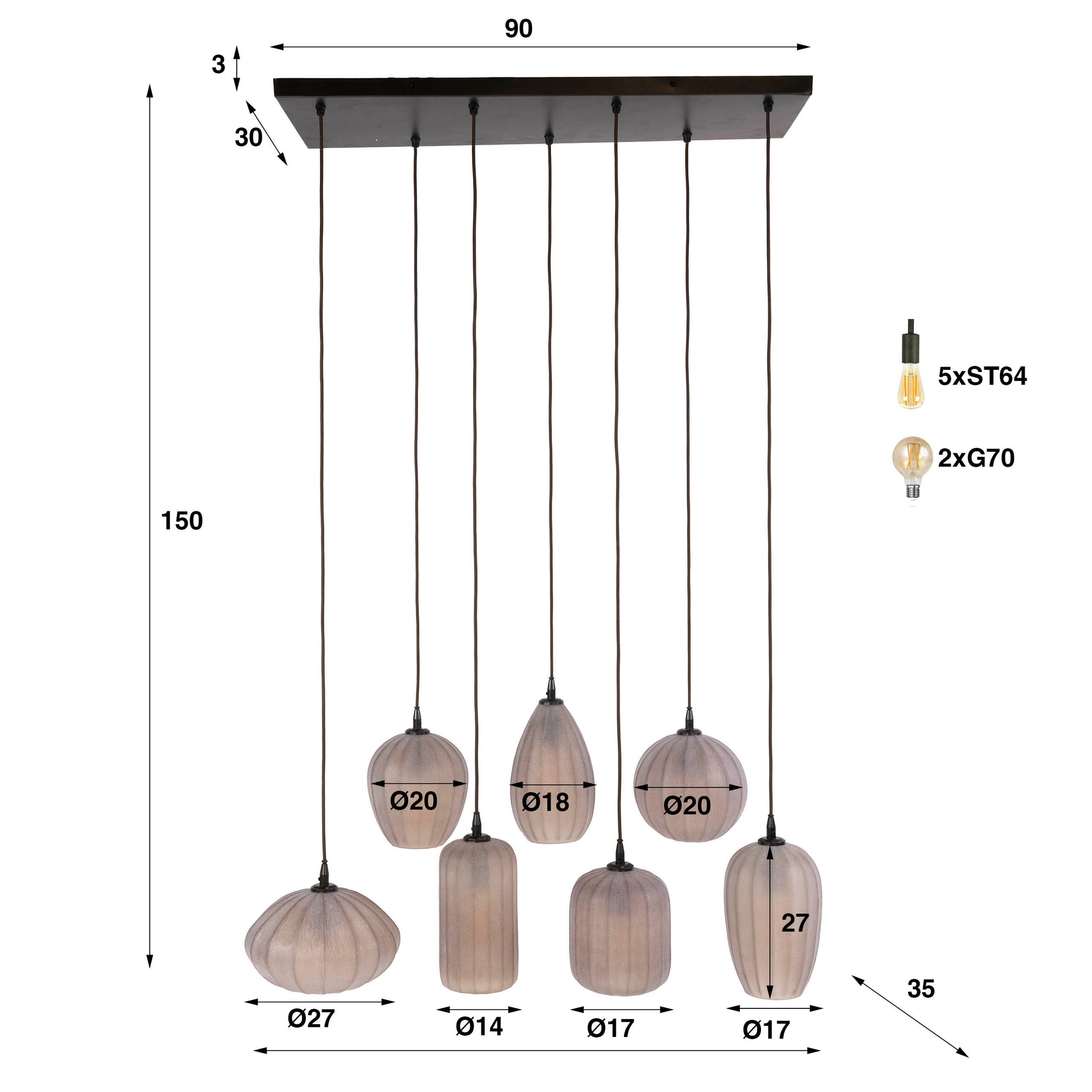 Hängelampe Altura 4+3F von lefurn.de mit modernen, runden Lampenschirmen in einem eleganten Design, ideal für Wohnzimmer.