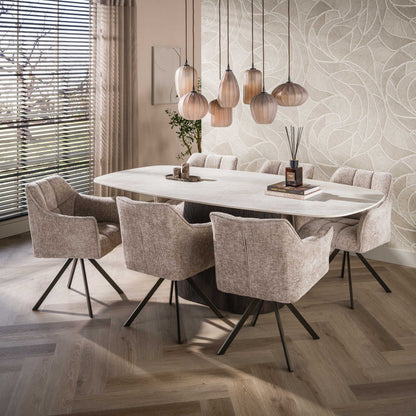 Hängelampe Altura 4+3F von lefurn.de mit modernen weißen Lampenschirmen und sichtbaren Kabeln, ideal für Esszimmer oder Wohnzimmer