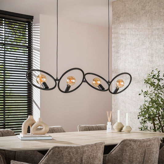 Moderne Hängelampe Loop von lefurn.de mit schwarzem Metallrahmen und klarer Glaskugel für stilvolle Beleuchtung.