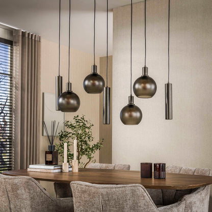 Hängelampe Sfero Tricolore 4+3 von lefurn.de mit bunten Lampenschirmen und moderner Designleuchte, aufgehängt an der Decke