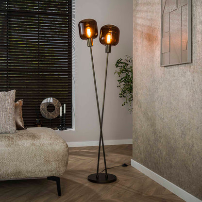 Elegante bronzefarbene Stehlampe von lefurn.de mit zwei Lampenschirmen und stilvollem Design.