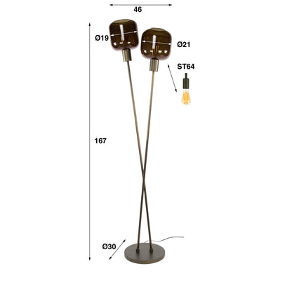 Helle bronzefarbene Stehlampe von lefurn.de mit doppeltem Lampenschirm und eleganten Design, steht auf einem modernen Holztisch