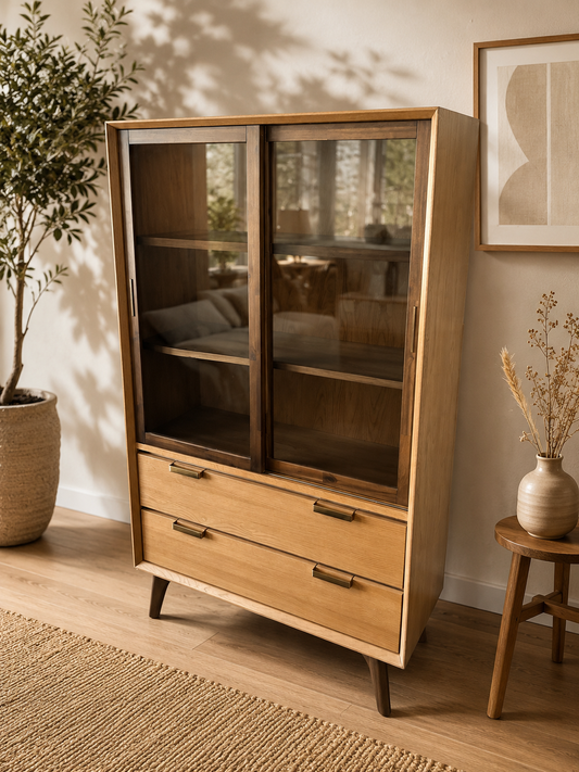 Hochwertiger Vitrinenschrank Chervil von lefurn.de, moderner Highboard mit Glastüren und Stauraum, aus Holz gefertigt.