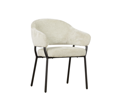 Moderner Logan Stuhl von lefurn.de mit gepolstertem Sitz und Rückenlehne, schwarzes Metallgestell, in einem stilvollen Esszimmer.