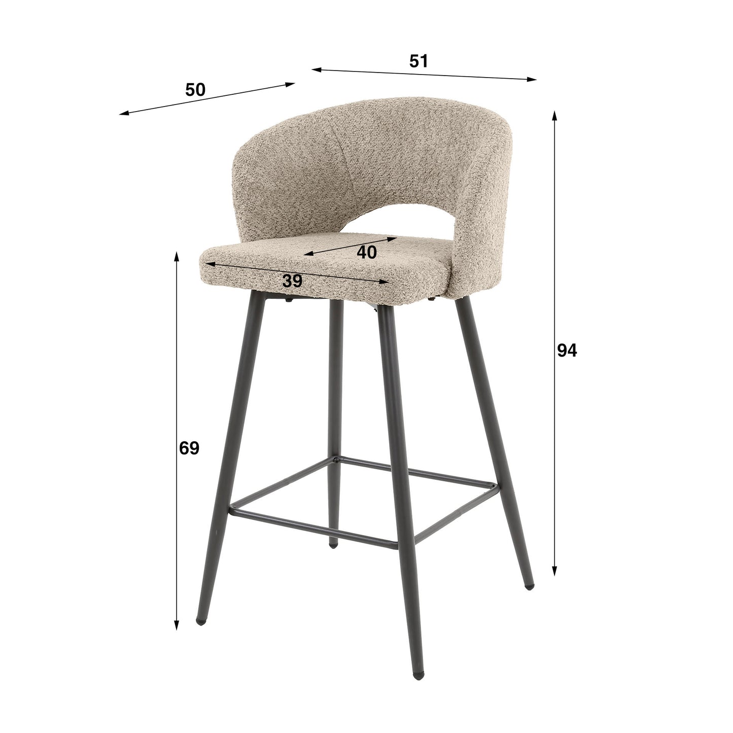 Weißer Barstuhl im Salon-Stil mit Bouclé-Polsterung von lefurn.de, modernes Design, runder Sitz und stabile Basis.