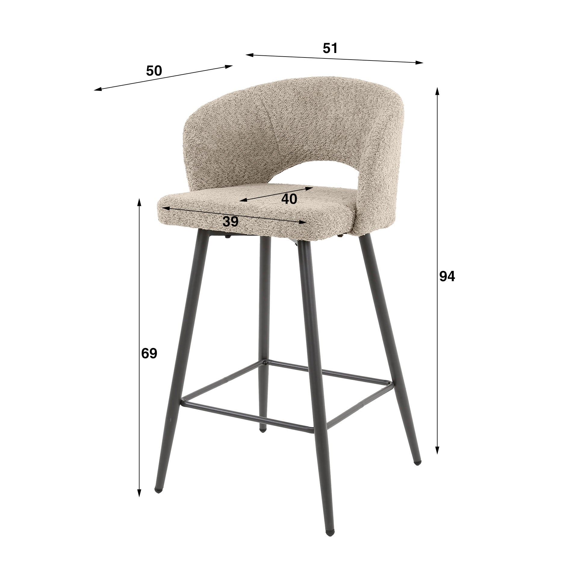 Weißer Barstuhl im Salon-Stil mit Bouclé-Polsterung von lefurn.de, modernes Design, runder Sitz und stabile Basis.