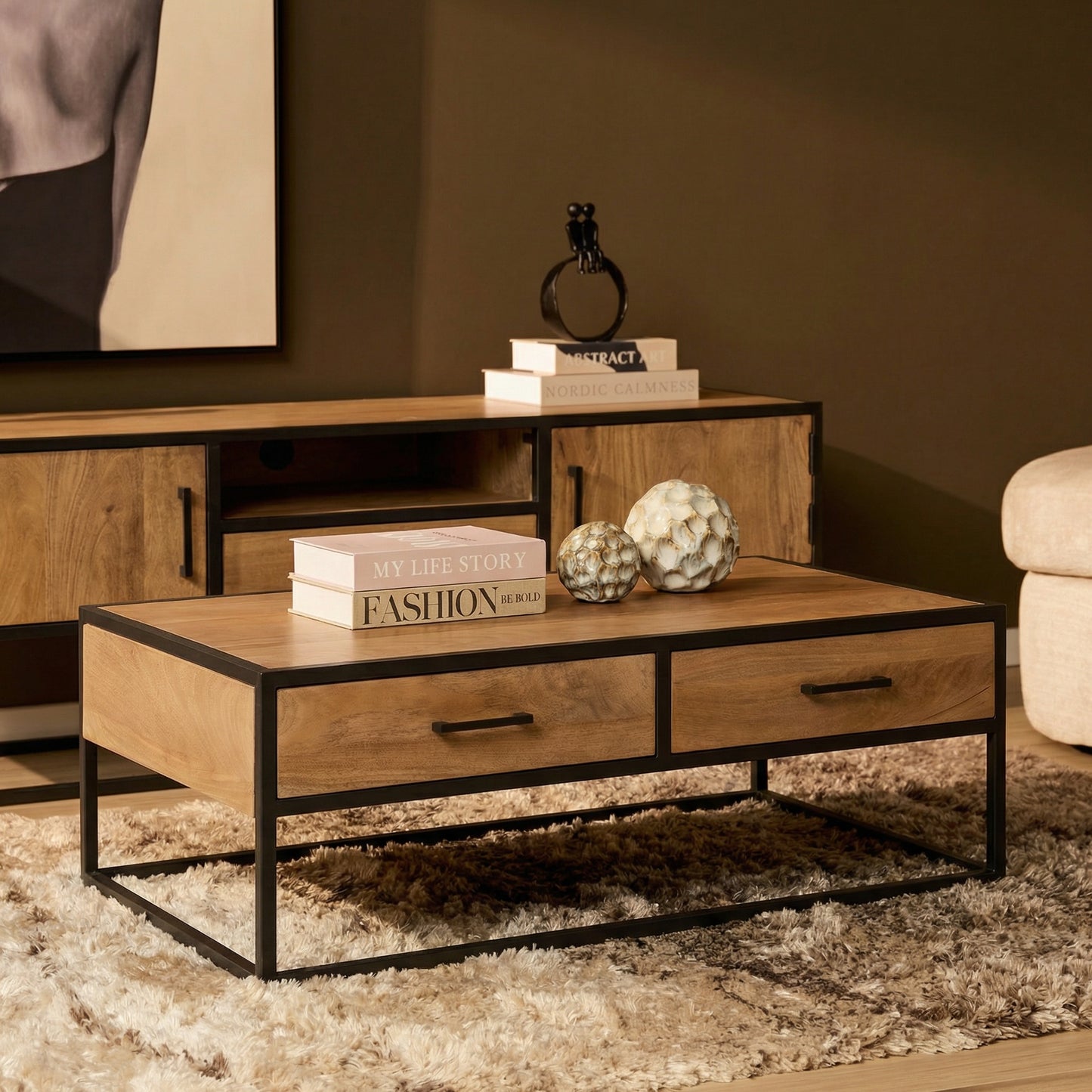 Moderner Couchtisch Dakota von lefurn.de aus Holz mit schwarzem Metallgestell, rechteckiges Design, ideal für Wohnzimmer.