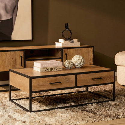 Moderner Couchtisch Dakota von lefurn.de aus Holz mit schwarzem Metallgestell, rechteckiges Design, ideal für Wohnzimmer.