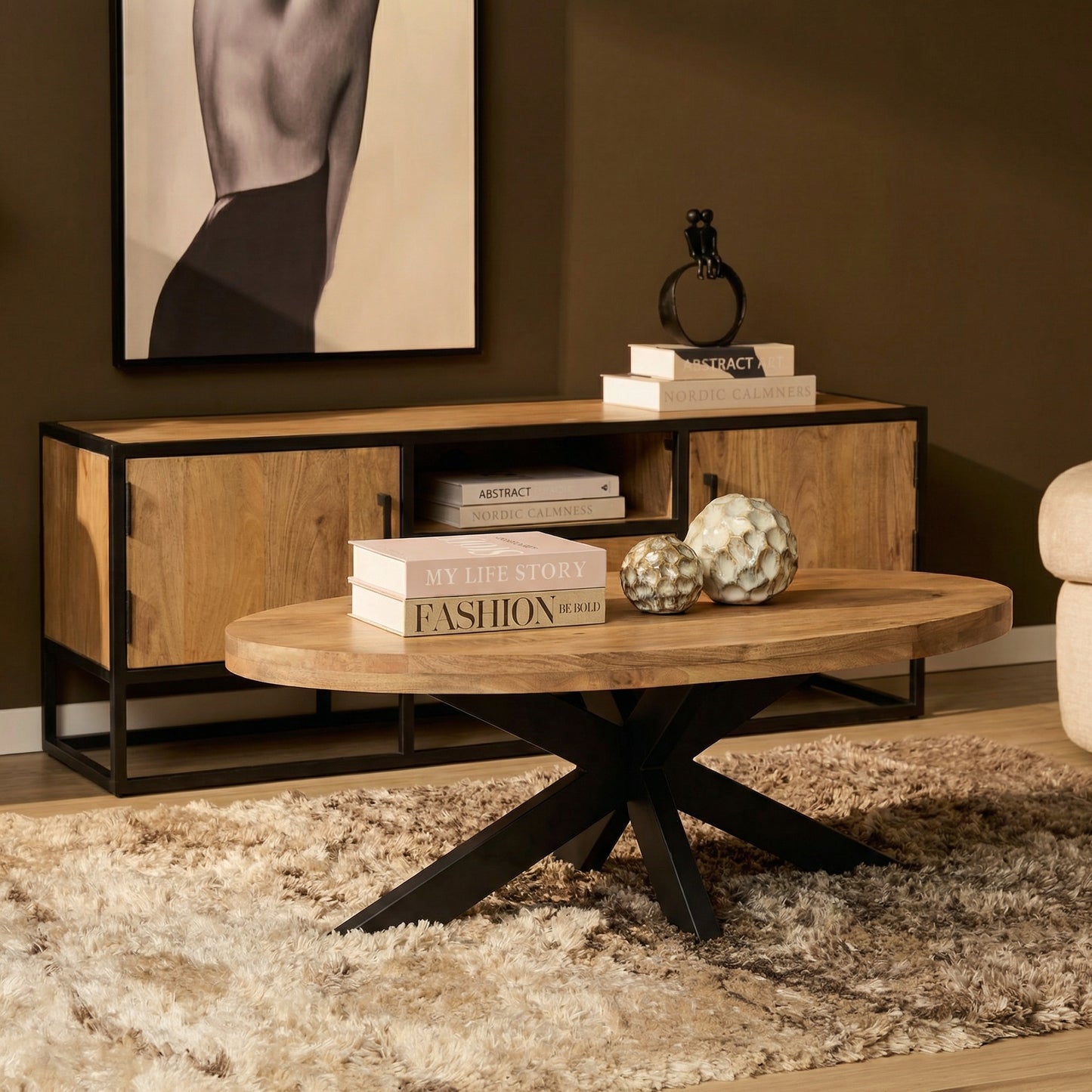 Ovaler Couchtisch Dakota von lefurn.de mit Holzoptik und modernem Design, gezeigte Ansicht des Couchtischs.