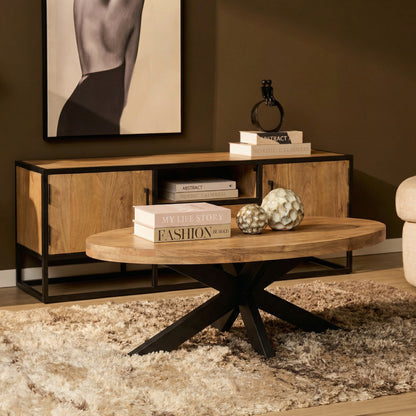 Ovaler Couchtisch Dakota von lefurn.de mit Holzoptik und modernem Design, gezeigte Ansicht des Couchtischs.