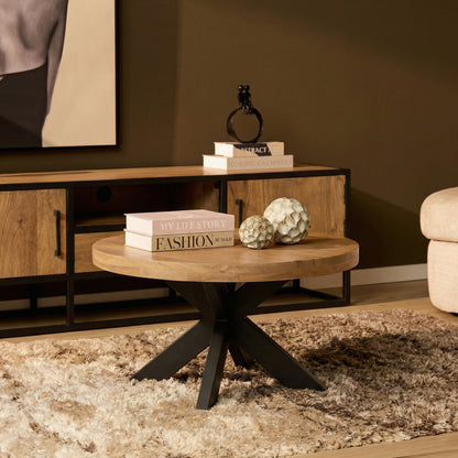 Runder Couchtisch Dakota von lefurn.de aus Holz mit natürlicher Oberfläche, modernes Design, ideal für Wohnzimmer.