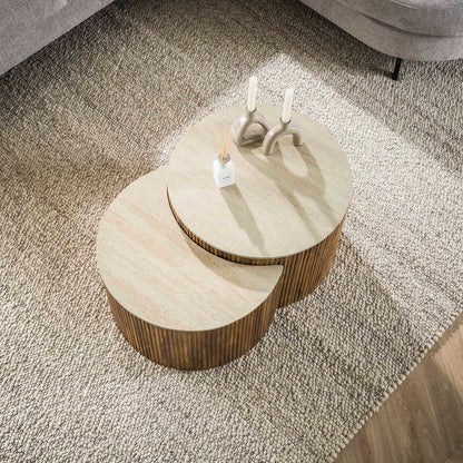 Couchtisch-Set Nuovo Travertin Sphere von lefurn.de mit runden Tischen aus Travertin und modernem Design.