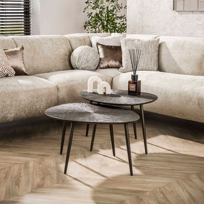 Couchtisch Set Ray Leaf mit modernem Design und grünem Blättermuster, aus Holz und Metall gefertigt, für stilvolle Wohnzimmerdekoration.