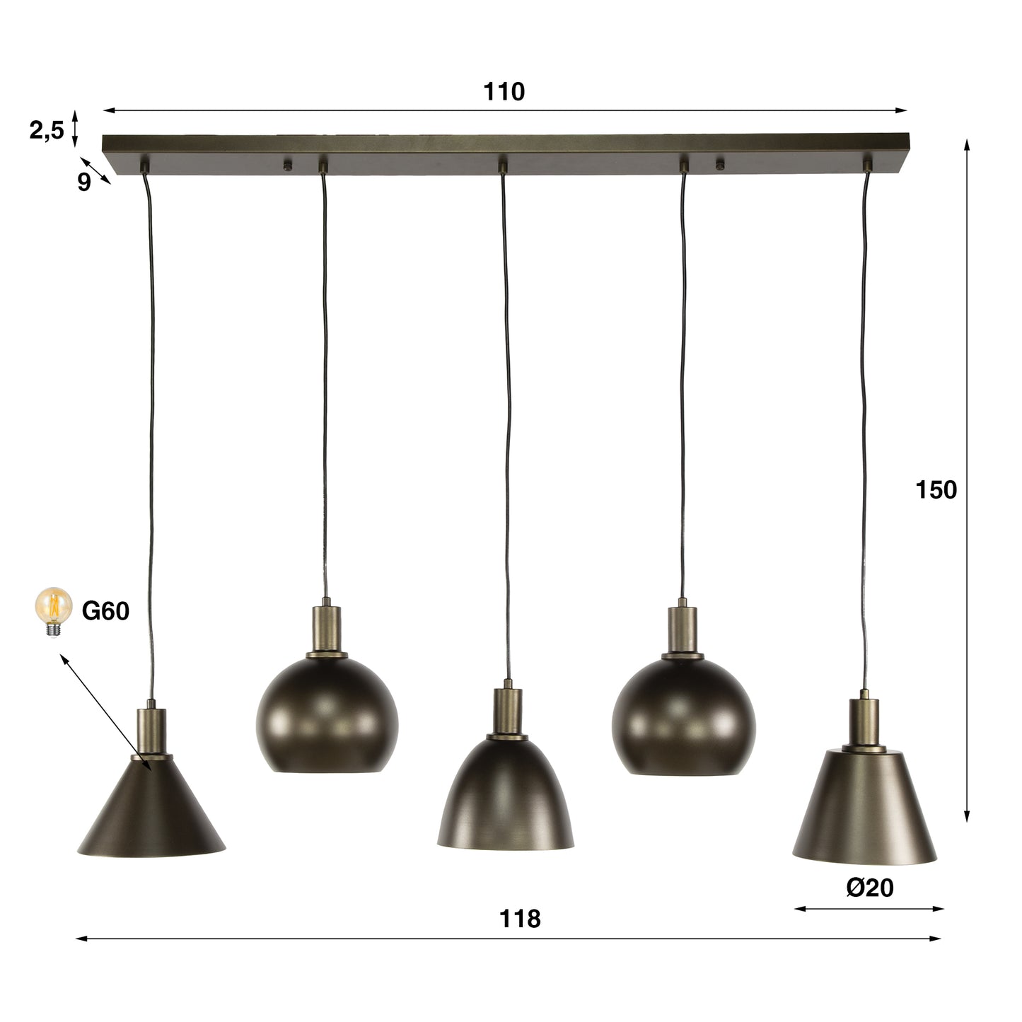 Hängelampe Metallo 5F von lefurn.de mit schwarzem Metallgestell und modernen Design, ideal für Wohnzimmer oder Essbereich