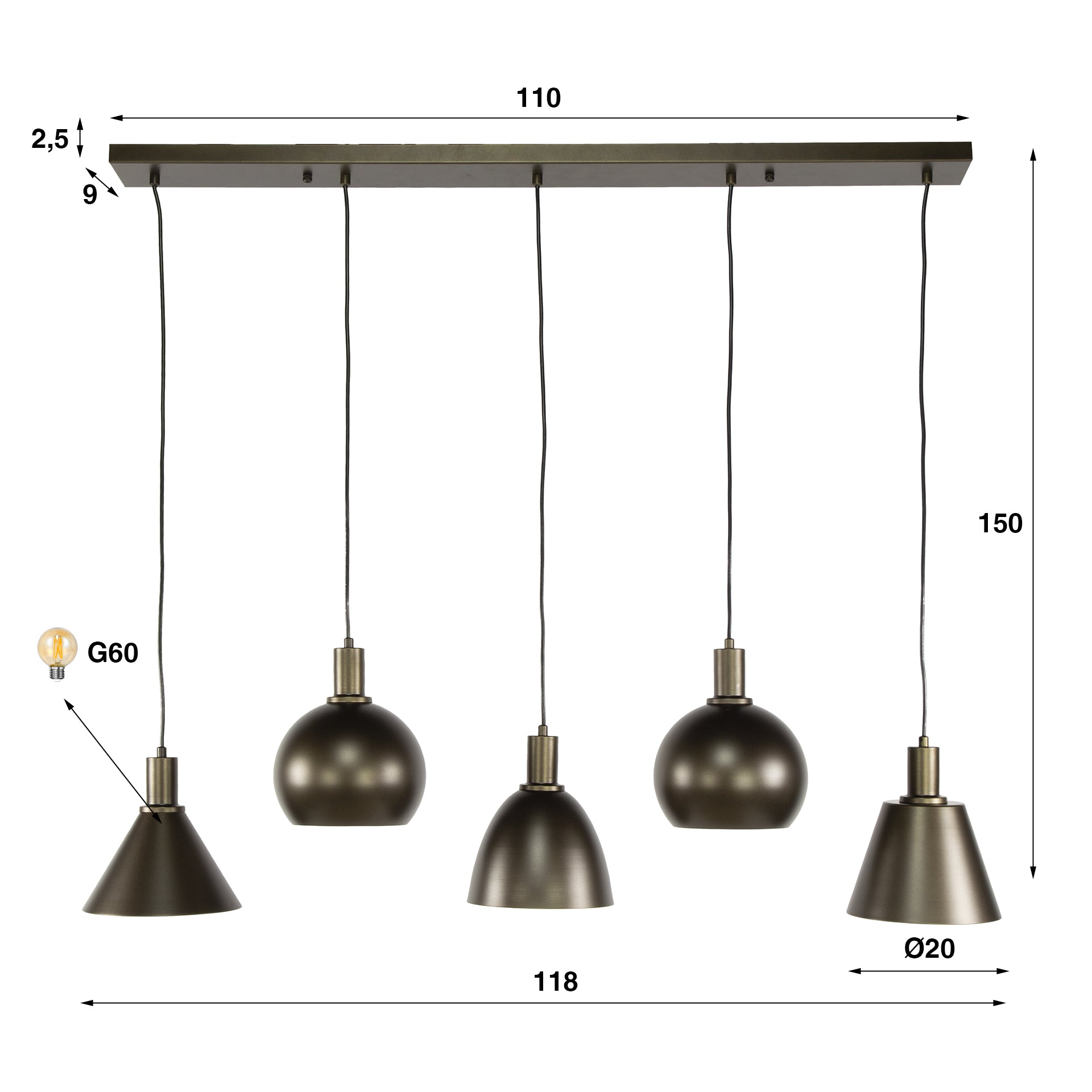 Hängelampe Metallo 5F von lefurn.de mit schwarzem Metallgestell und modernen Design, ideal für Wohnzimmer oder Essbereich