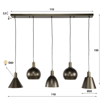 Hängelampe Metallo 5F von lefurn.de mit schwarzem Metallgestell und modernen Design, ideal für Wohnzimmer oder Essbereich