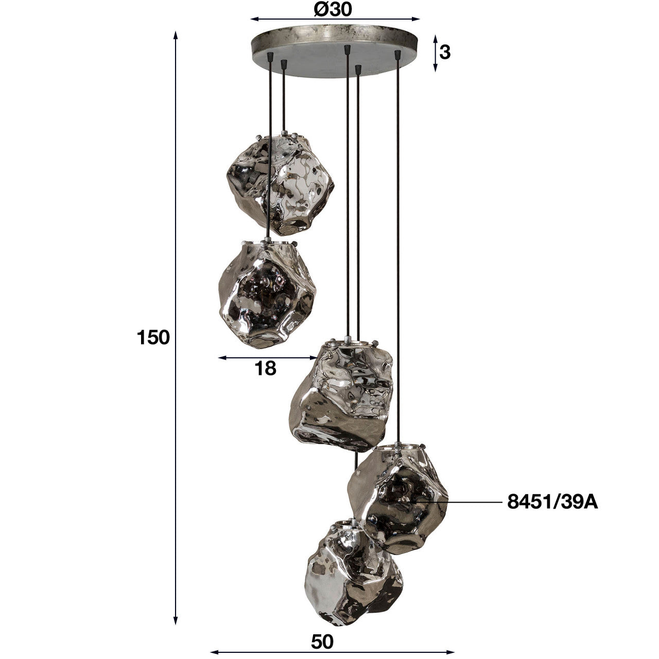 Moderne Hängelampe Rock 5L von lefurn.de mit schwarzem Metallgestell und warmweißem Licht für stilvolle Beleuchtung.