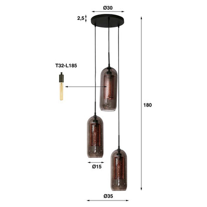 Hängelampe Smoke Glass 3L von lefurn.de mit rauchgrauem Glas, modernes Design, hängt an einem schwarzen Kabel.