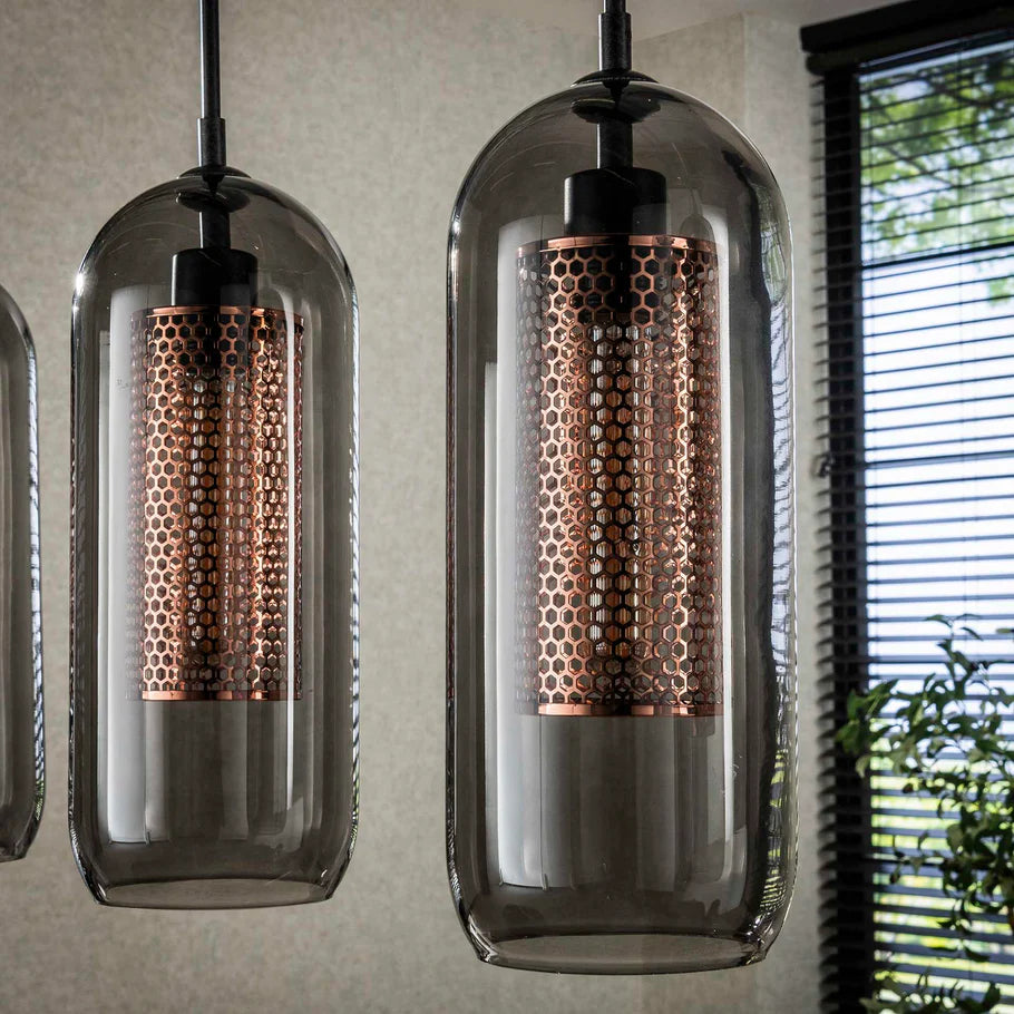 Hängelampe Smoke Glass 4L von lefurn.de mit rauchfarbenem Glas und modernem Design, ideal für Wohnzimmer oder Essbereich.