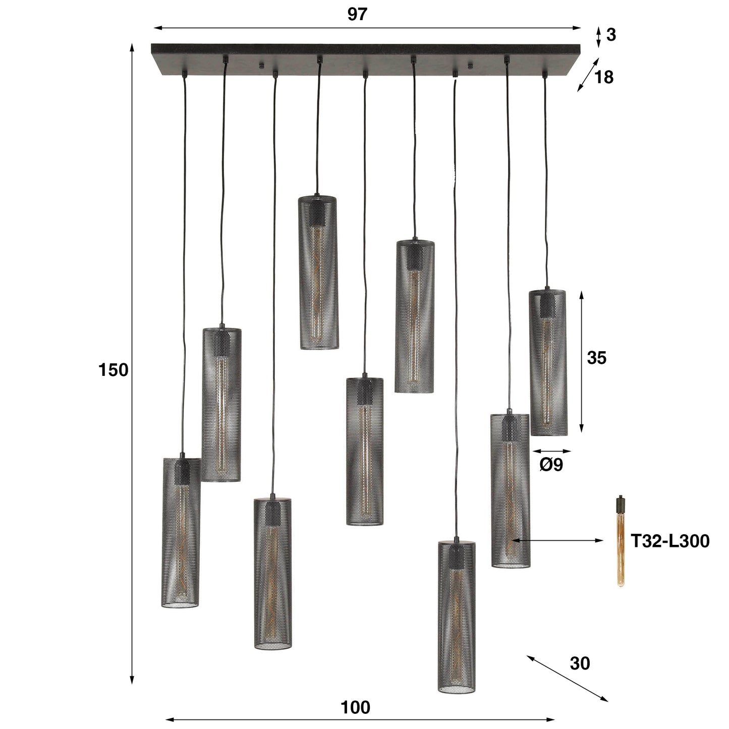 Hängelampe Tube Mesh 9L von lefurn.de, moderne Pendelleuchte mit Mesh-Design, sichtbare Leuchtelemente, ideal für Esszimmer oder Wohnzimmer