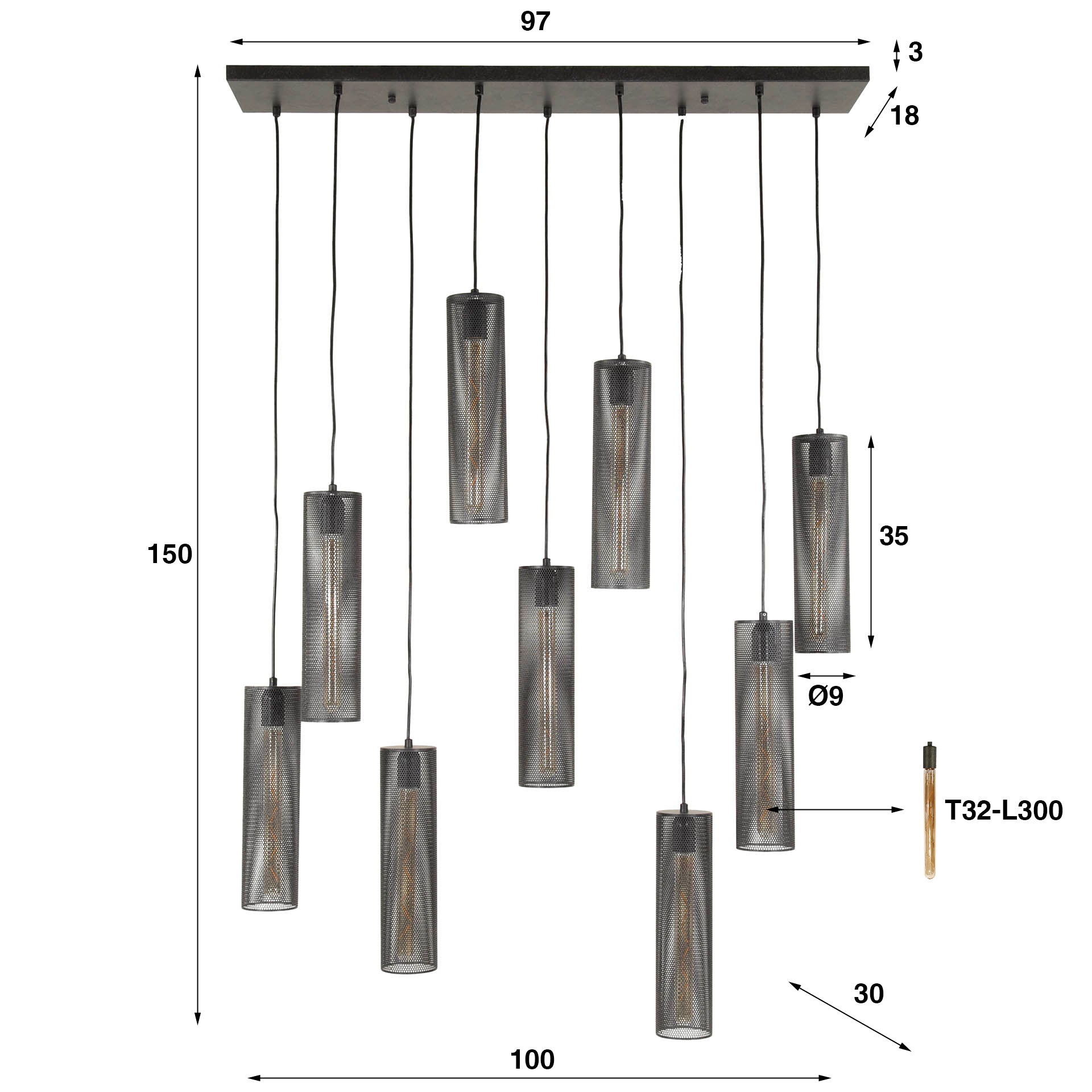 Hängelampe Tube Mesh 9L von lefurn.de, moderne Pendelleuchte mit Mesh-Design, sichtbare Leuchtelemente, ideal für Esszimmer oder Wohnzimmer