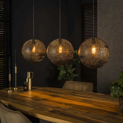 Moderne Hängelampe Zip 3L von lefurn.de mit schwarzen Kabeln und drei weißen Lampenschirmen, ideal für Esszimmer und Wohnzimmer.