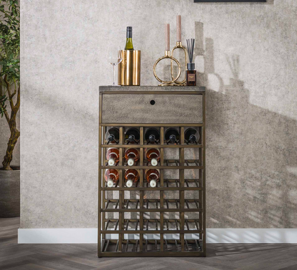 Konsolentisch mit Weinregal Ferro von lefurn.de, schwarzes Metallgestell und elegante Oberfläche für Weinflaschen.