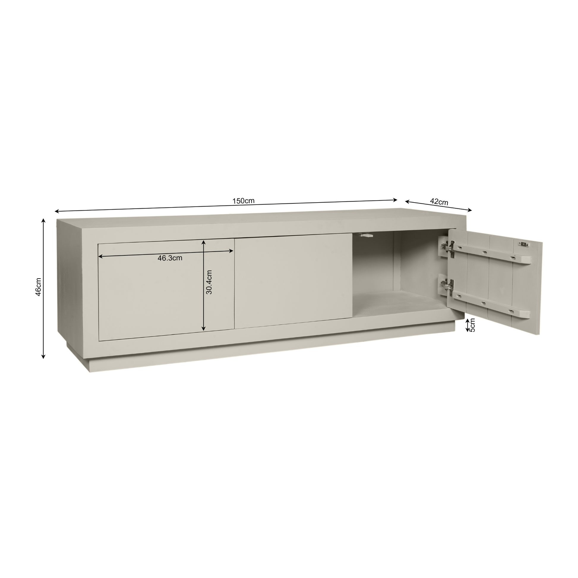 Helles Lowboard Brussel Sand 150 von lefurn.de mit modernem Design und Stauraum, sichtbare Holzstruktur und elegante Oberfläche.