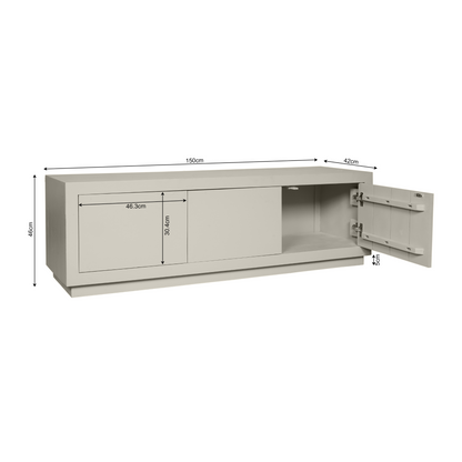 Helles Lowboard Brussel Sand 150 von lefurn.de mit modernem Design und Stauraum, sichtbare Holzstruktur und elegante Oberfläche.