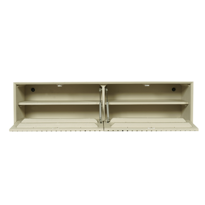 Helles Lowboard Madison Sand 120 S von lefurn.de mit modernem Design und Stauraum, auf Holzfußboden fotografiert
