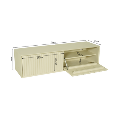 Modernes Lowboard Madison Sand von lefurn.de, 120 cm breit, mit stilvollem Design und Stauraum in Sandfarbe.