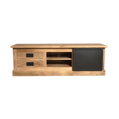 Moderner Lowboard Noa 155 von lefurn.de mit Holzoptik und Stauraum für Wohnzimmer, rechteckiges Design, flache Oberfläche.