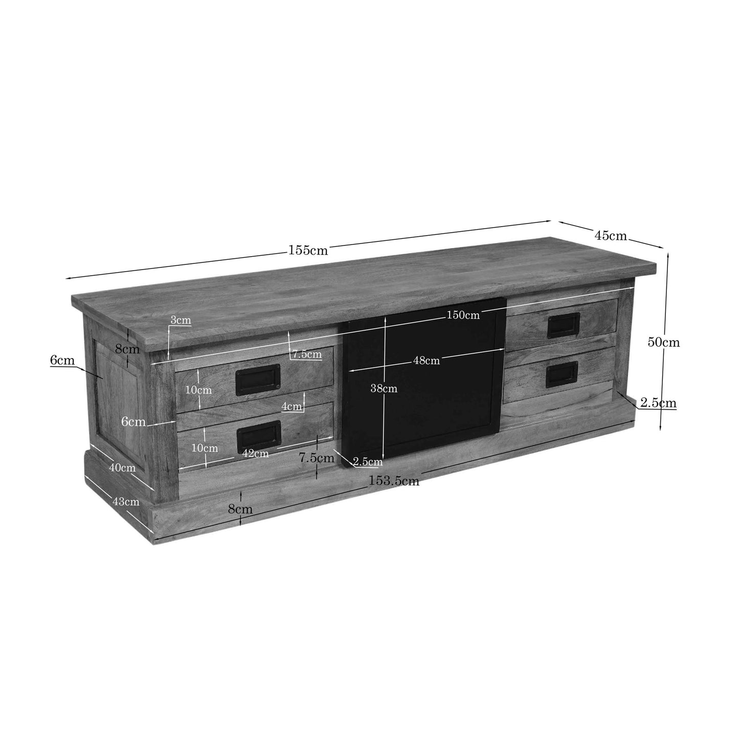 Moderner Lowboard Noa 155 von lefurn.de mit Holzdekoration und Stauraum, ideal für Wohnzimmer, in hellem Holzdesign.