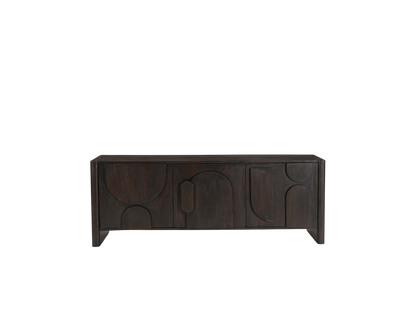 Gerades Lowboard Zano 150 von lefurn.de mit klaren Linien und Stauraum, aus Holz gefertigt, auf einem modernen Wohnzimmerboden.