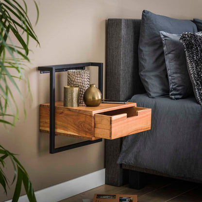 Moderner Nachtschrank Air von lefurn.de aus Holz mit Schublade und offener Ablage, elegantes Design für Schlafzimmer.