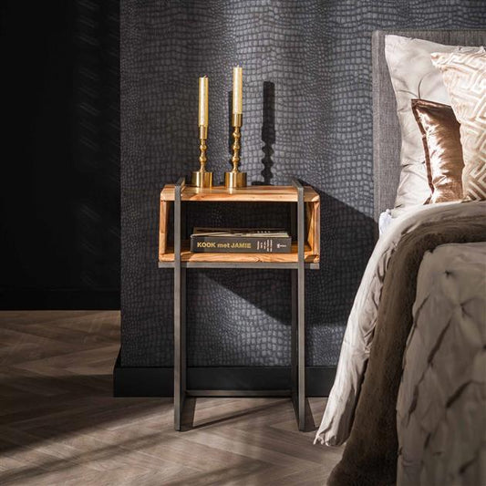 Offener Nachtschrank Edge von lefurn.de, moderner Nachtschränkchen mit offenem Fach, dunkles Holzdesign für Schlafzimmer.