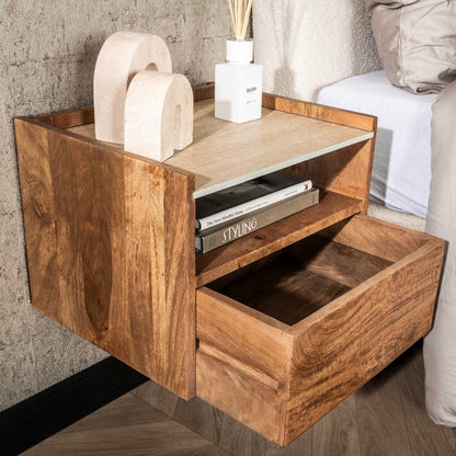 Moderner Nachtschrank Nuovo 2 von lefurn.de mit Schublade und offenem Stauraum, braune Holzoptik, für Schlafzimmer.