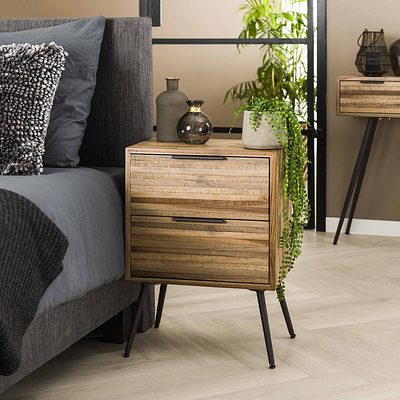 Moderner Nachtschrank Teca Slim von lefurn.de mit dünnem Design und Holzoptik, ideal für Schlafzimmer, sichtbare Details und Griffe.