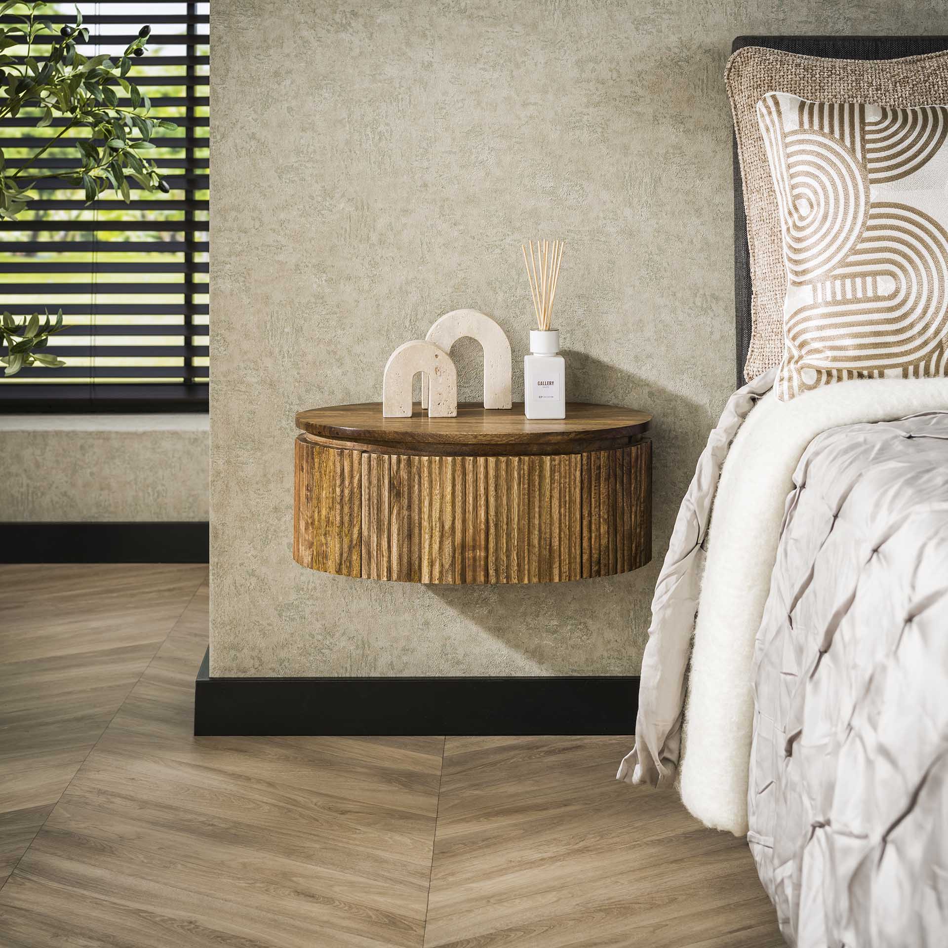 Runder Nachtschrank Wave von lefurn.de mit modernem Design und Holzoberfläche, ideal für Schlafzimmermöbel.