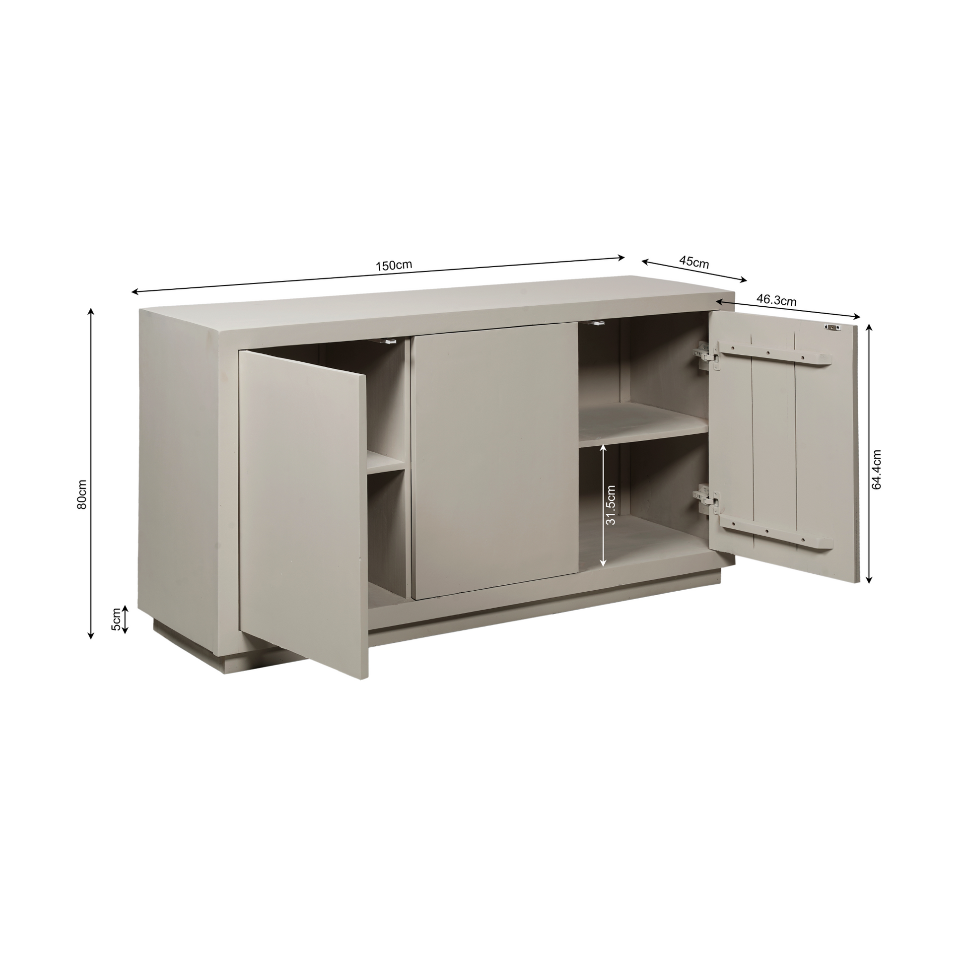 Helles Sandfarbenes Sideboard Brussel 150 von lefurn.de mit stilvollem Design und Stauraum, abgebildet auf weißem Hintergrund.