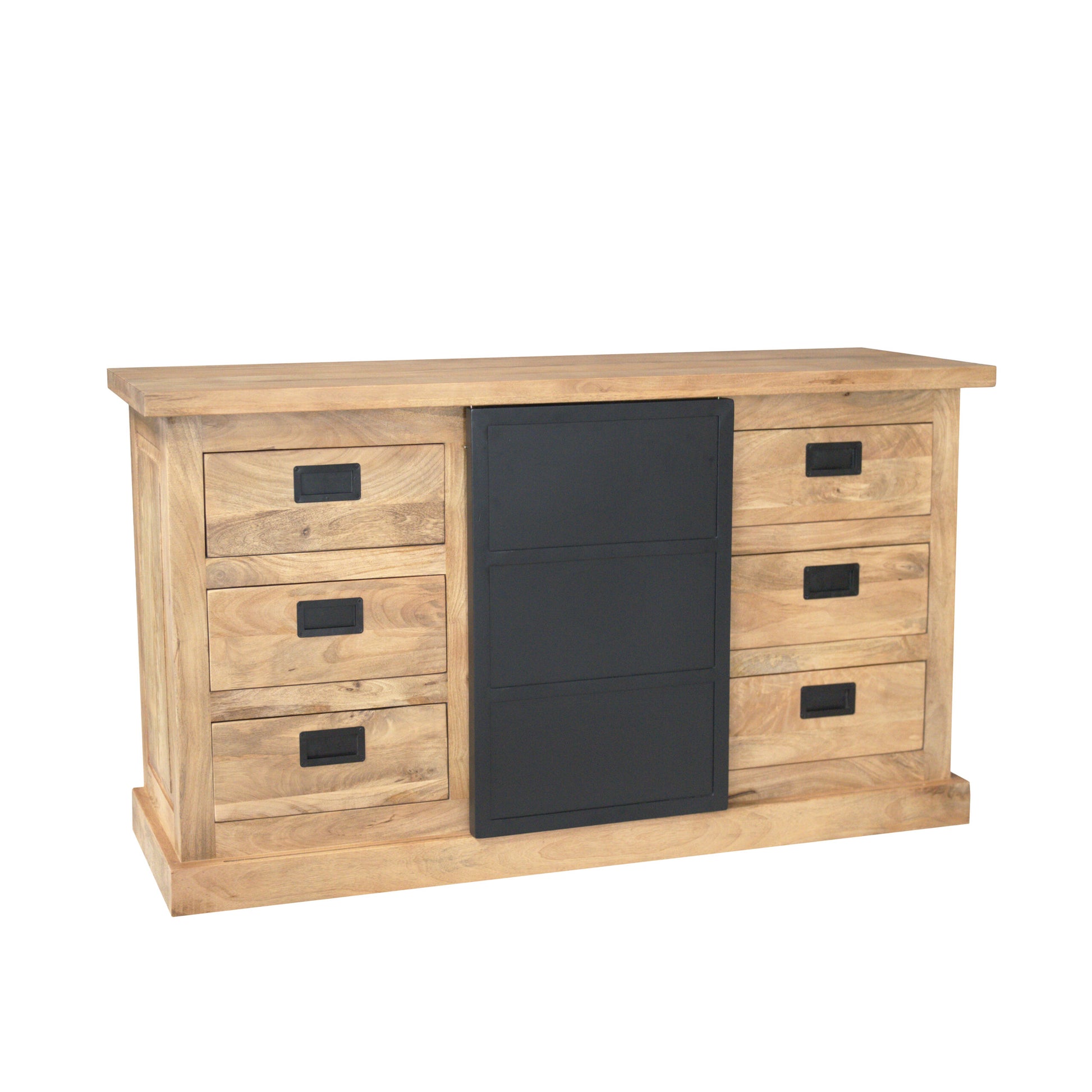 Helles Sideboard Noa 160 von lefurn.de mit Holzoptik, Stauraum, moderne Design, vier Türen und silberne Griffe.