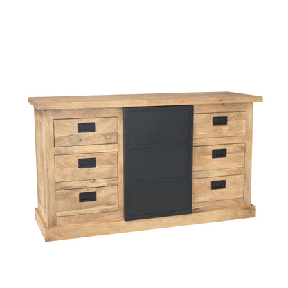 Helles Sideboard Noa 160 von lefurn.de mit Holzoptik, Stauraum, moderne Design, vier Türen und silberne Griffe.