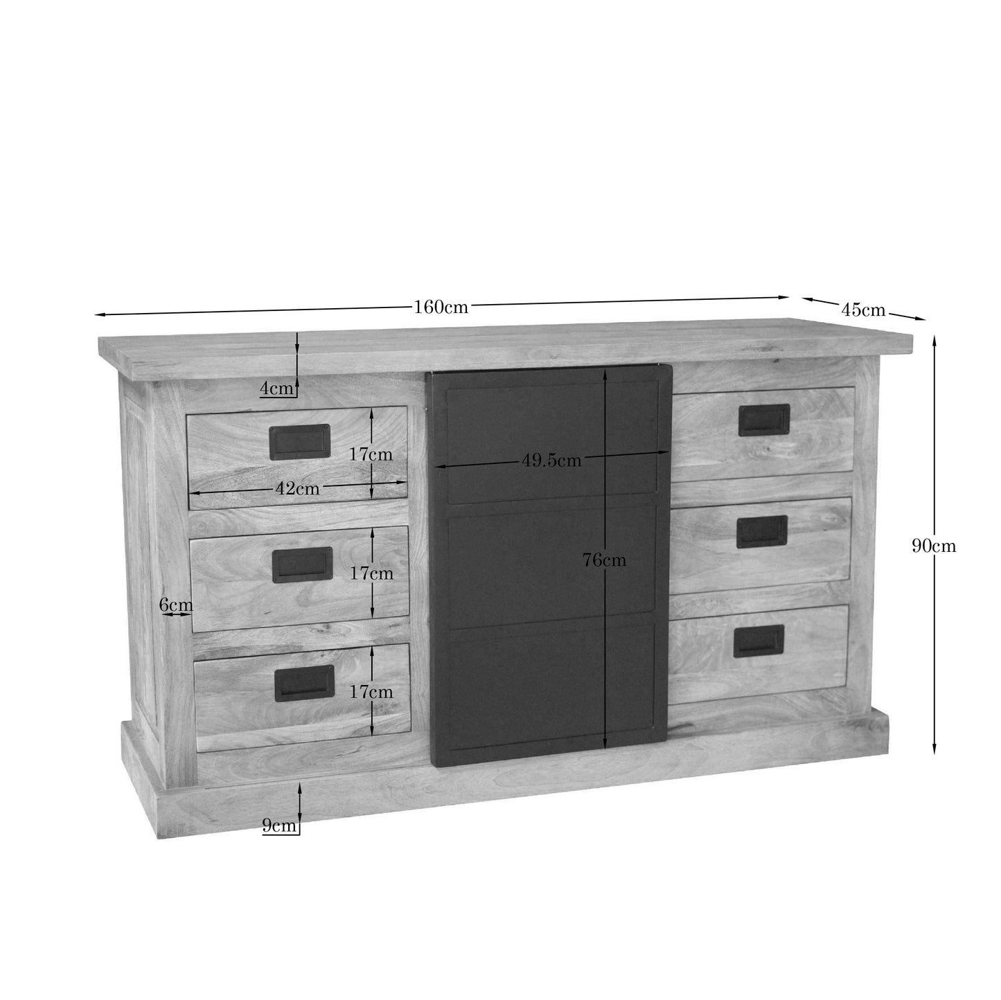 Helles Sideboard Noa 160 von lefurn.de mit Holzoptik, vier Türen und Stauraum, modernes Design, Frontansicht.