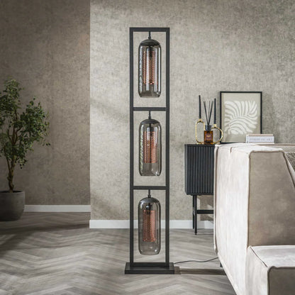 Stehlampe Smoke Glass 3L von lefurn.de, moderne Stehlampe mit rauchgrauem Glas, elegantes Design für Wohnzimmer.