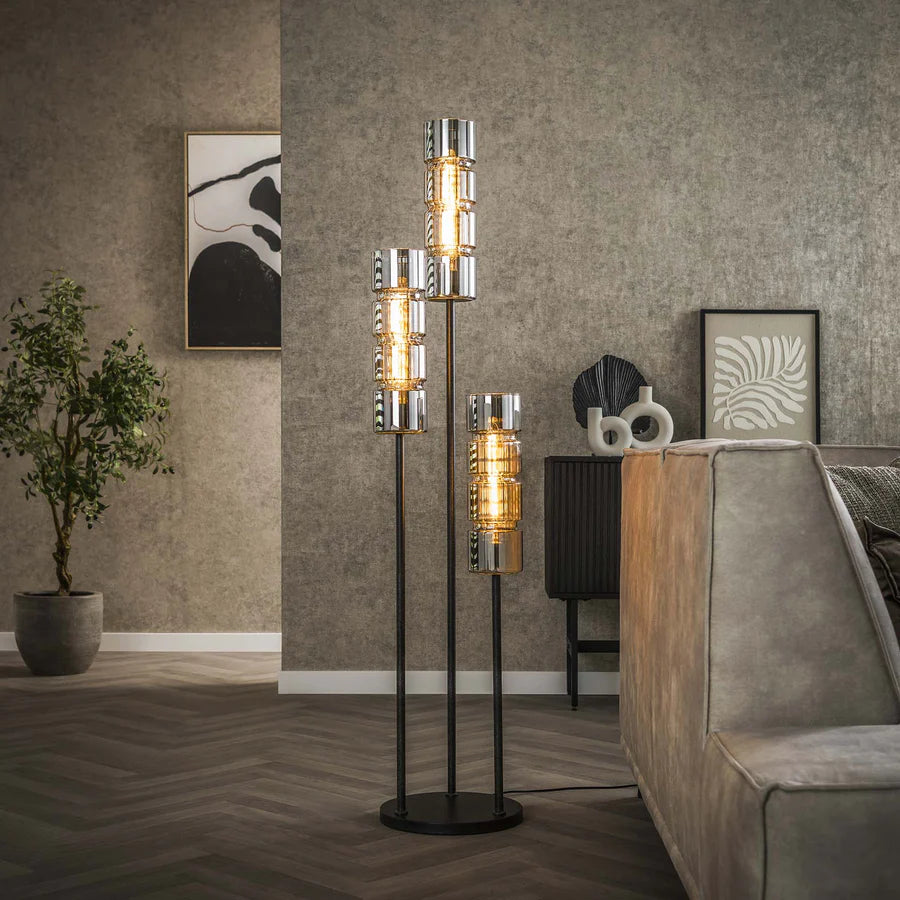 Stehlampe Zylinder aus Glas von lefurn.de, modernes Design, klare Glaszylinder, ideal für Wohnzimmer und elegante Beleuchtung