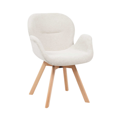 Ein moderner Jesse Stuhl von lefurn.de mit Holzbeinen und einem bequemen, gepolsterten Sitz in neutralem Farbton.
