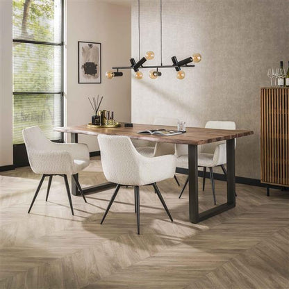 Weißer Stuhl Ares Boucle von lefurn.de mit eleganter, gepolsterter Sitzfläche und modernen Design, ideal für Esszimmer oder Büro.