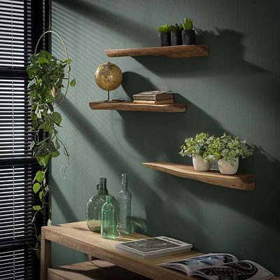 Wandregal Set mit lebendem Kantenstil, aus Holz, von lefurn.de, an der Wand montiert, elegante und moderne Dekorationsfläche