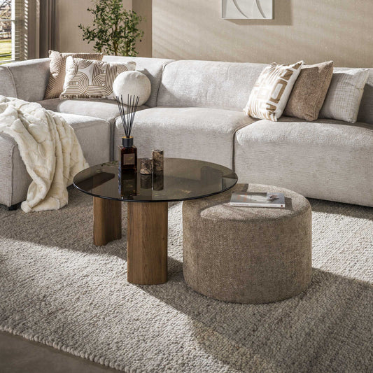 Elegantes Couchtisch-Set Tinto Pouf von lefurn.de mit modernem Design und hellem Holzfinish, ideal für Wohnzimmer.